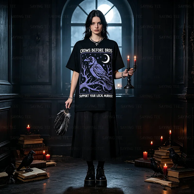 Crows Before Bros Support Your Local Murder Herren Damen T-Shirt Y2k Gothic Humorvolles Sarkastisches Witz-Spruch-T-Shirt Halloween-Kostüm – Detail 4