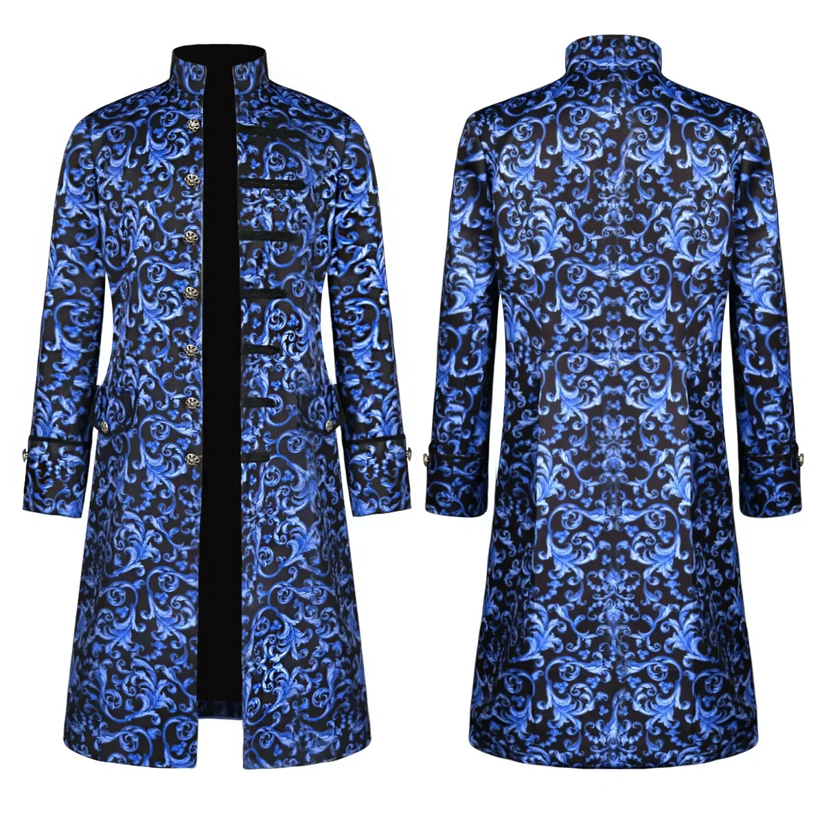 New European And American Men's Printed Retro Stand-up Collar Blue Coat