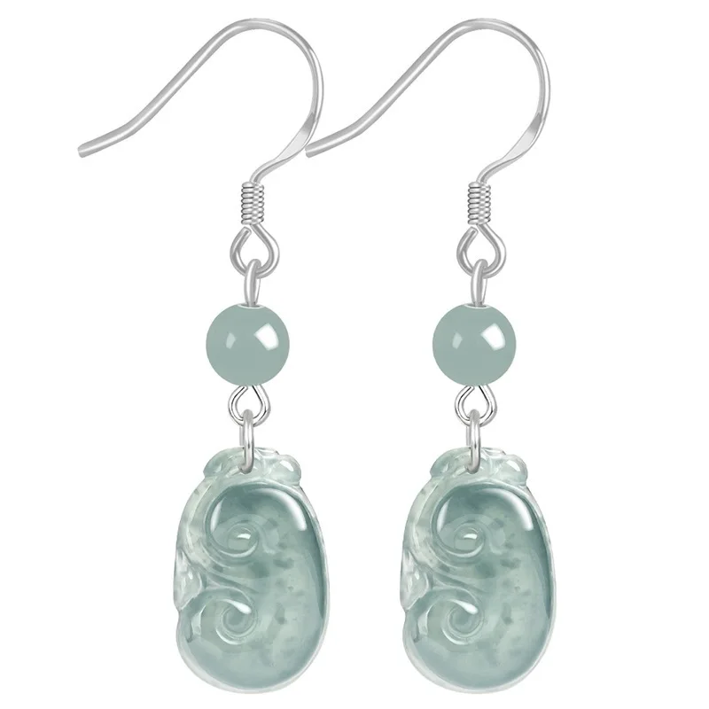 

Real Solid 925 Sterling Silver Natural Grade A Jade Jadeite Lucky Ruyi Dangle Earrings