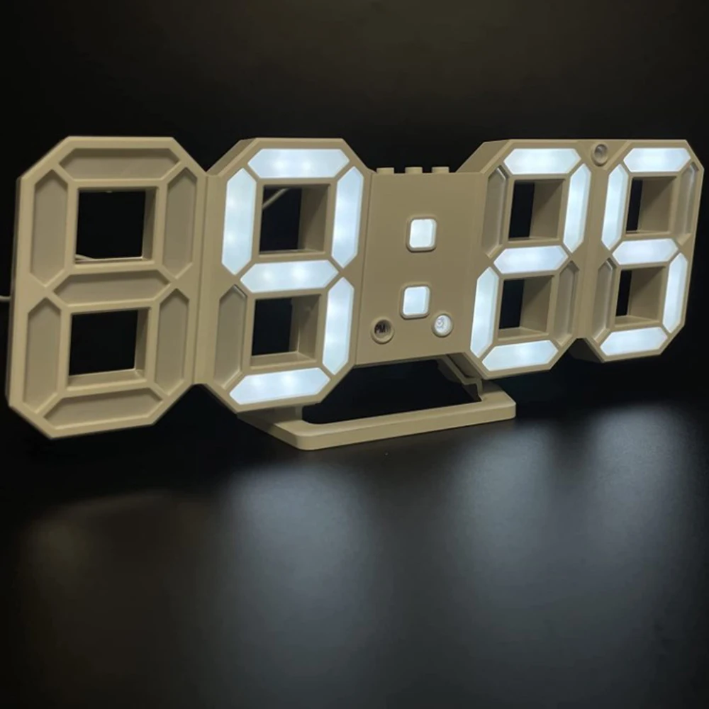 3D LED Wall Clock 9.7 Inch 12/24 Hr Time/Date/Temperature Display Brightness to Adjust-White for Room Office Bedroom Kitchen