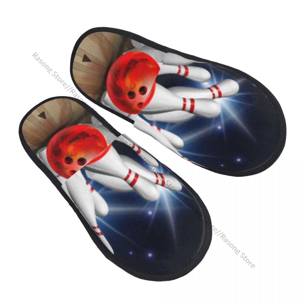 Winter Women Men Non-Slip Flat Slippers Bowling Ball Crashing Into The Pins Indoor Fur Soft Warm Shoes