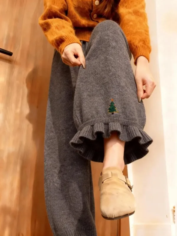 

ay Knitted Glutinous Rice Lantern Pants Dra Soft Cute Winter Clothes Wooden Design Casual Wide Leg Pants