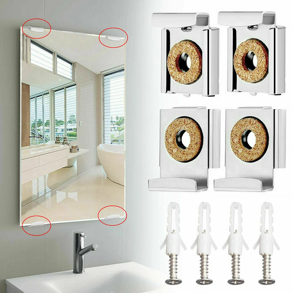 4pcs Bathroom Mirror Glass Wall Hanging Fixing Kits Frame Less Clips Mounting Hanger Clamp Chrome Wall Brackets Clamps