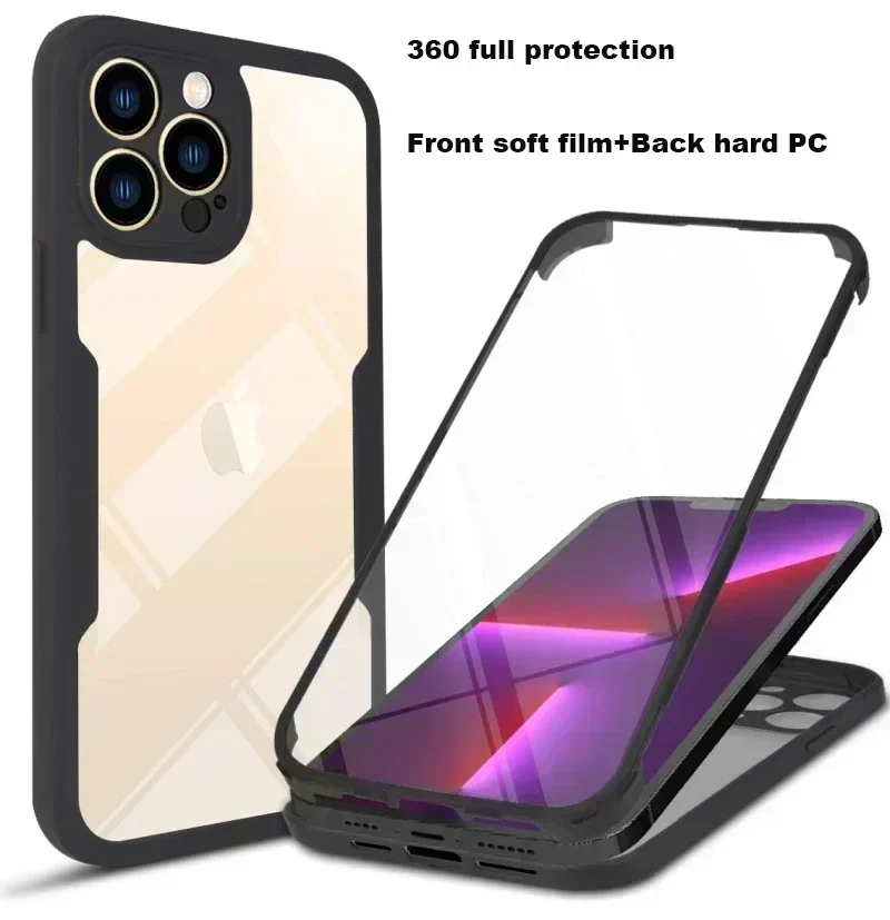 Funda de teléfono transparente de protección completa 360 para iPhone 14 Plus 13 12 11 15 Pro XS Max X película frontal suave + cubierta de parachoques de PC dura trasera