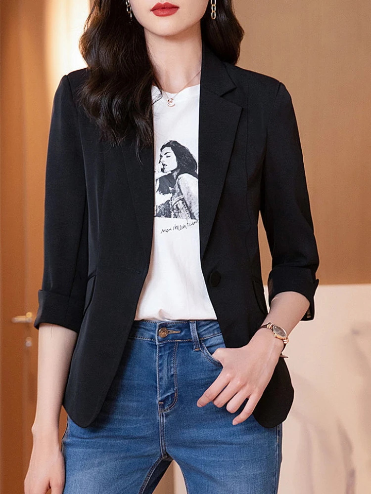 Drei Viertel Solide Dünne Blazer Frauen Mode Einzigen Taste Koreanischen Stil Frühling Sommer Mode Freizeit Einfache Weibliche Büro Anzug