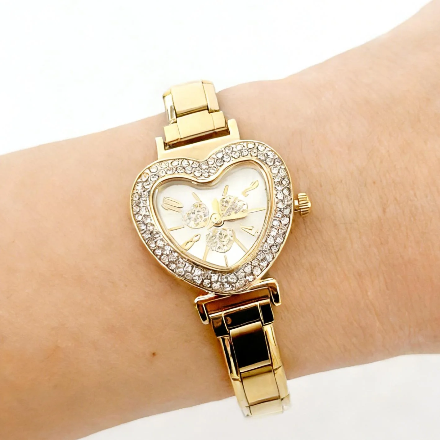 INS High-end Niche Ladies Module Watch Silver Steel Link Strap Multi-color Heart Dial Bling Crystal CasualFashionGirlsDressWatch
