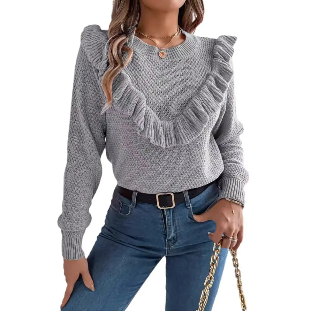 

Elegant Pure Color Ruffled Long-Sleeved Pullover Sweater for Women Autumn Winter Independent European American Style