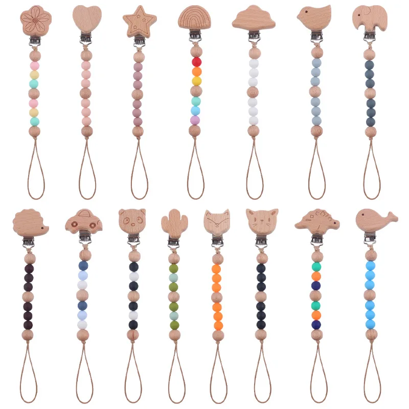 ABCPICK الطفل هوة سلسلة خشبية الحيوان شكل الحلمة حامل قصاصة سيليكون الخرز للطفل عضاضة الرعاية اللعب مهدئا الدمية كليب
