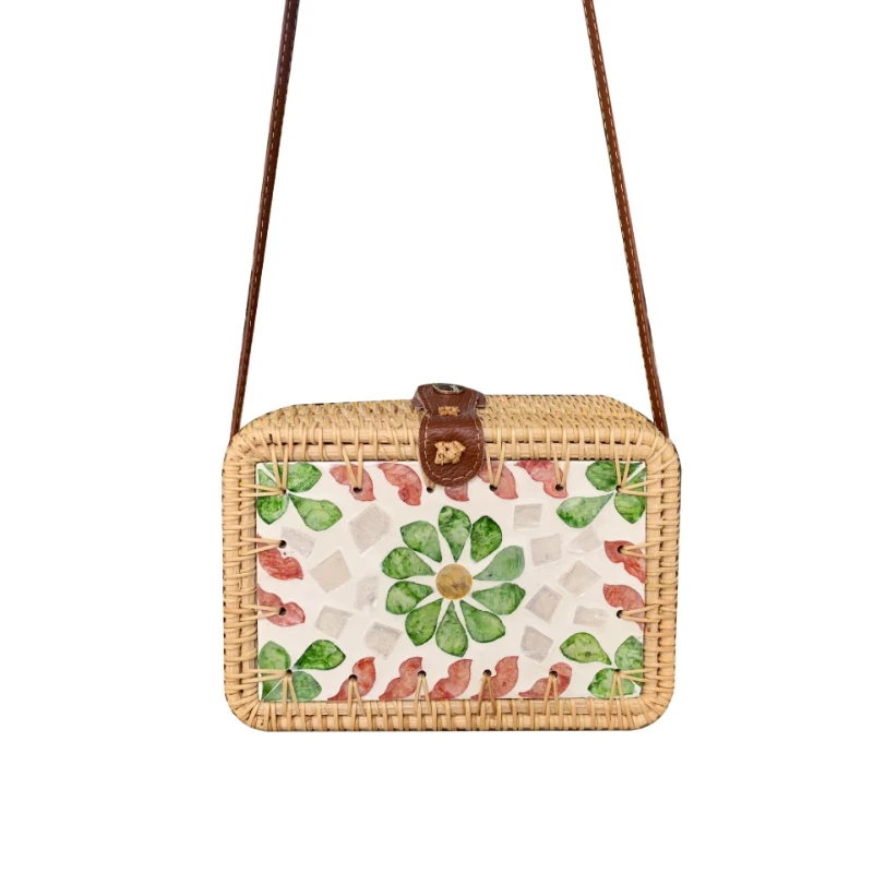 Shell Handwoven Rattan Shoulder Bags 2026 New Boho Flower Mosaic Rectangular Crossbody Purse Summer Beach Travel Small Box Bag