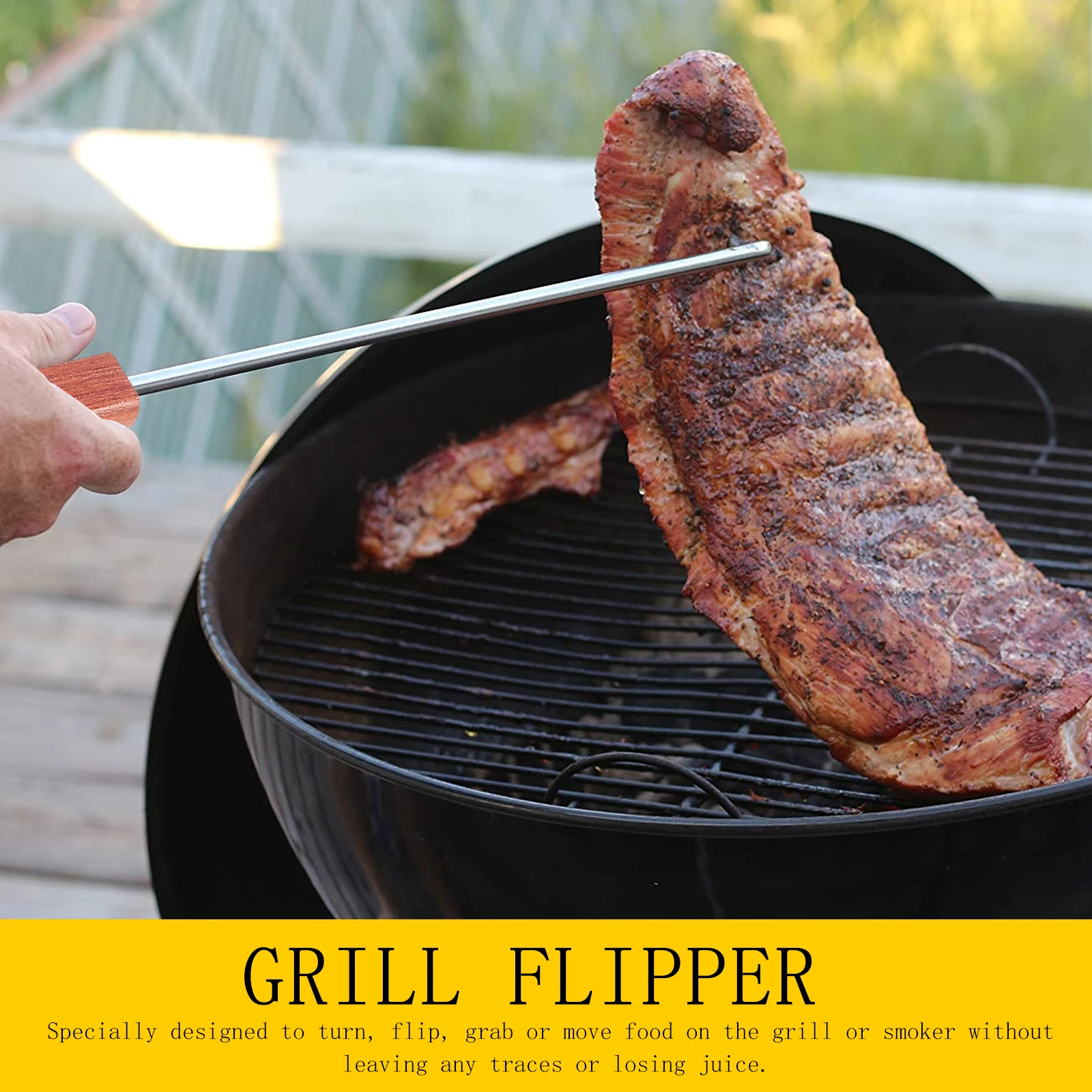 

Meat Fork Lamb Chops Stainless Steel Pigtail Fin BBQ Turner Wooden Handle Food Flipper Grill Accessory Dishwasher Safe Heat