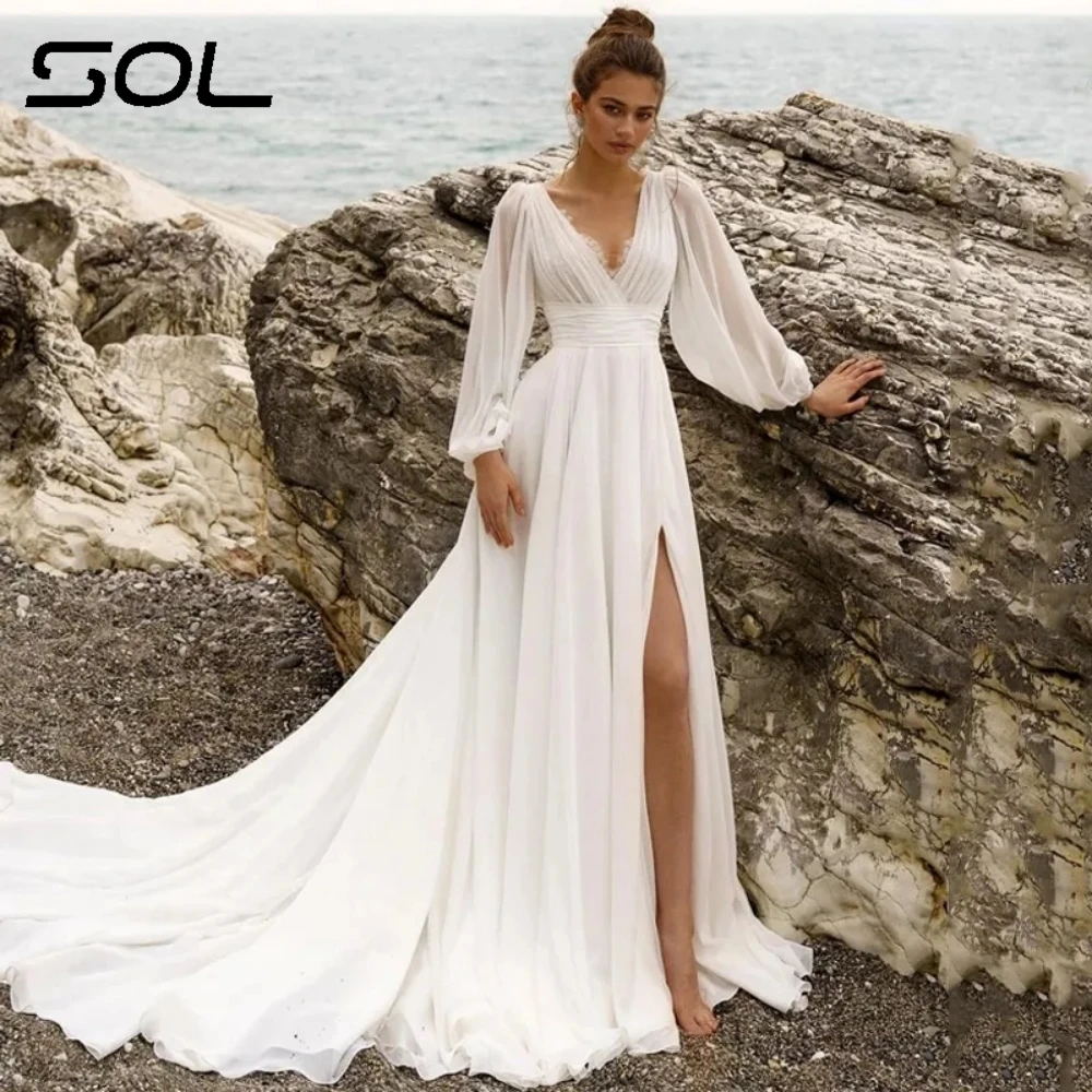 Sol Boho Wedding Dresses Puff Sleeve V-Neck Bride Dress 2023 A-Line High Split Wedding Evening Prom Gowns Custom Size