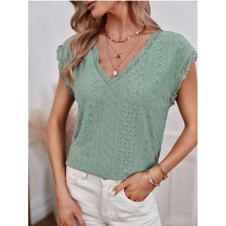 

Women's summer V-neck water-soluble lace mesh embroidered bat sleeve T-shirt