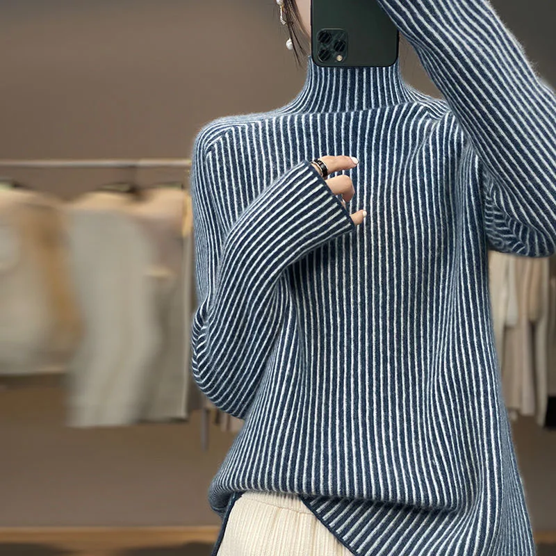 New Autumn/Winter Fashion Lazy Style Thickened Vertical Stripe Color Block Half High Neck Loose Versatile Slim Women's Sweater