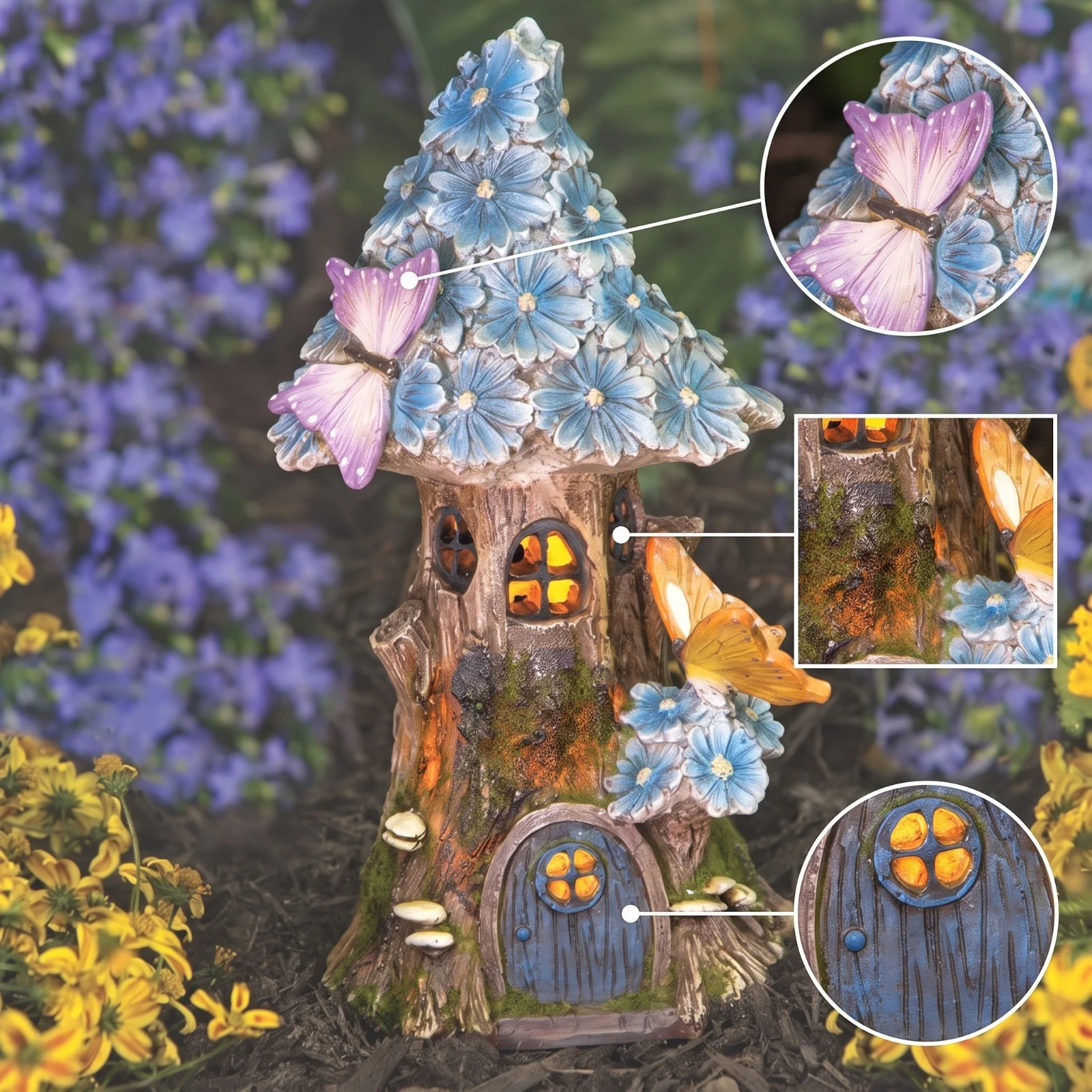 Fairy House with Solar Light Resin Tree House Statue Miniature Treehouse Glowing Yard Ornament Resistant for Gardeners, Patio view 6