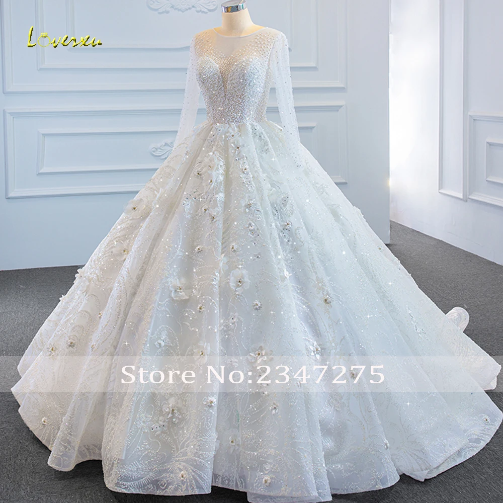 Loverxu Ball Gown Luxury Wedding Dresses O-Neck Long Sleeve Vestido De Novia Lace Beaded 3D Flowers Custom Made Bridal Gown