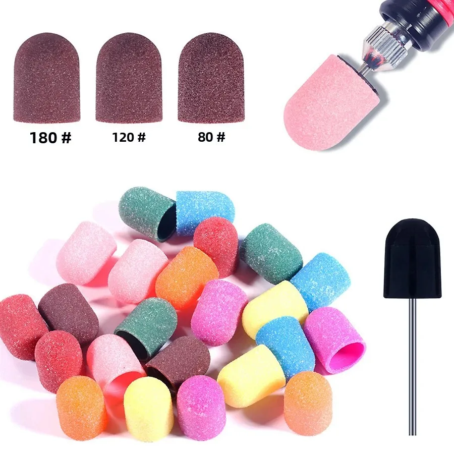 10Pcs Nail Art Grinding Bits Set, Sanding Caps with Rubber Drill Bit for Gel Polish Removal, Manicures and Pedicures