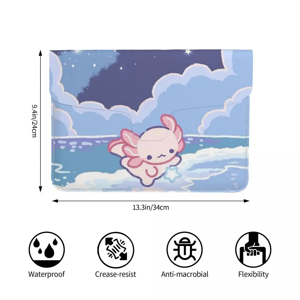 Kawaii Axolotl Pattern Lilac PU Leather Horizontal Laptop Sleeve Shockproof Soft Lining Notebook Case 13 Inch