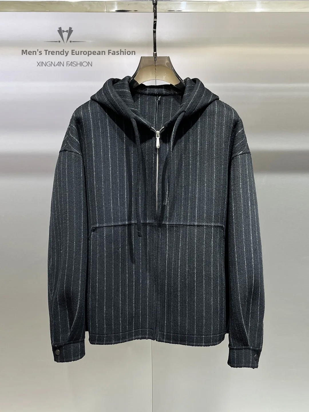 

Winter Trendy Hooded Striped Woolen Coat Men Loose Casual Versatile Thick Warm Cashmere Jacket Youthful Vitality Style Long S...