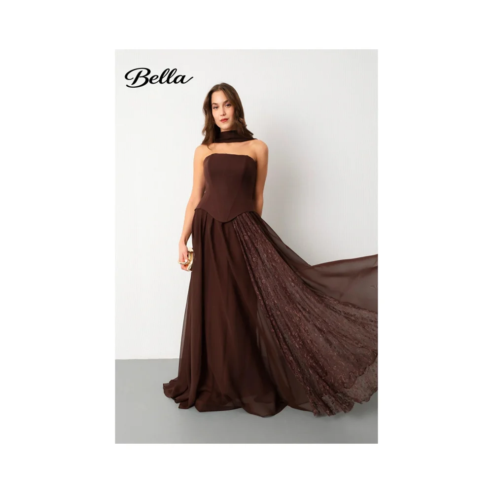 Bella Customized Brown Tulle Prom Dresses Luxurious Flowing Bustier Gown Women’s Strapless Chocolate Brown Formal Evening Dress
