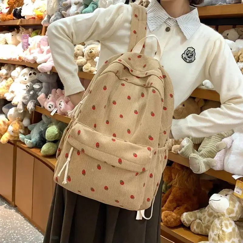 Zaini in velluto a coste BOMO per donna Zaino da donna alla moda in stile coreano con stampa di fragole Borsa casual versatile per il ritorno a scuola