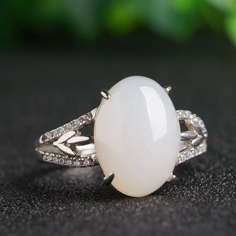 Large Egg Noodle Hetian Jade 925 Adjustable Women's Ring with Certificate Vintage Jade Jewelry Pure Silver Inlaid White Jade Rin