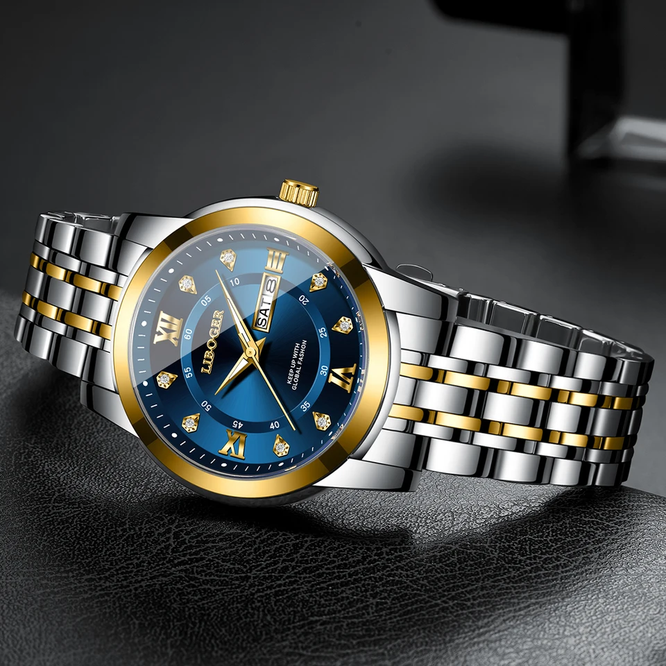 Reloj de lujo de acero inoxidable para hombre, negocios, esfera Roma con pedrería, calendario, cuarzo (sin caja) 4