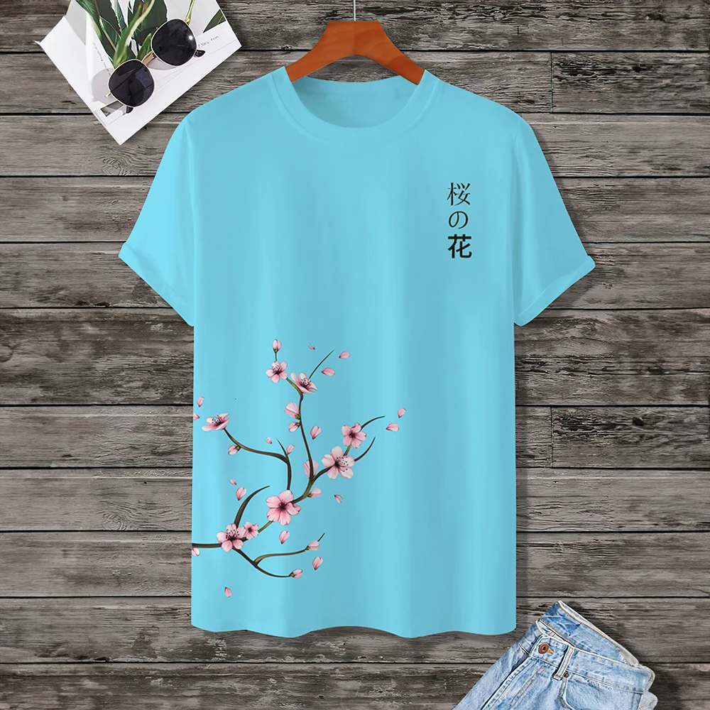 Simple T-Shirts For Men 3d Cherry Blossom Printed Daily Casual Short Sleeved Loose Oversized T-Shirt Street Harajuku Sportswear