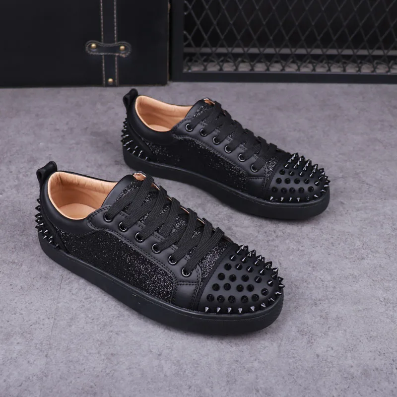 men's fashion punk hip hop dress rivets shoes lace up original leather shoe black pink flats platform sneakers designer footwear view 2