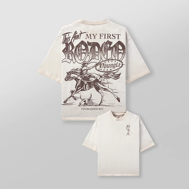 Oversized bedrukt katoenen T-shirt voor heren, westerse cowboystijl, katoen, bedrukt, ronde hals, sport, vrije tijd, skateboard, top met korte mouwen
