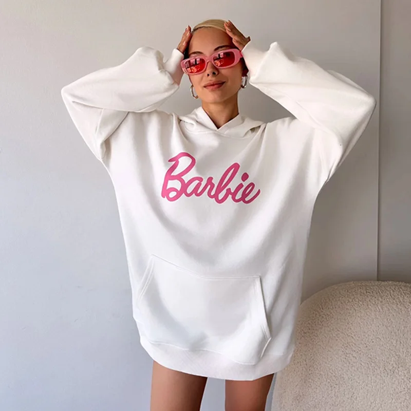 Barbie-Sweat à capuche imprimé lettre pour femme, pull rétro, style girly, vêtements de mode, dessin animé, cadeau de vacances, automne et hiver