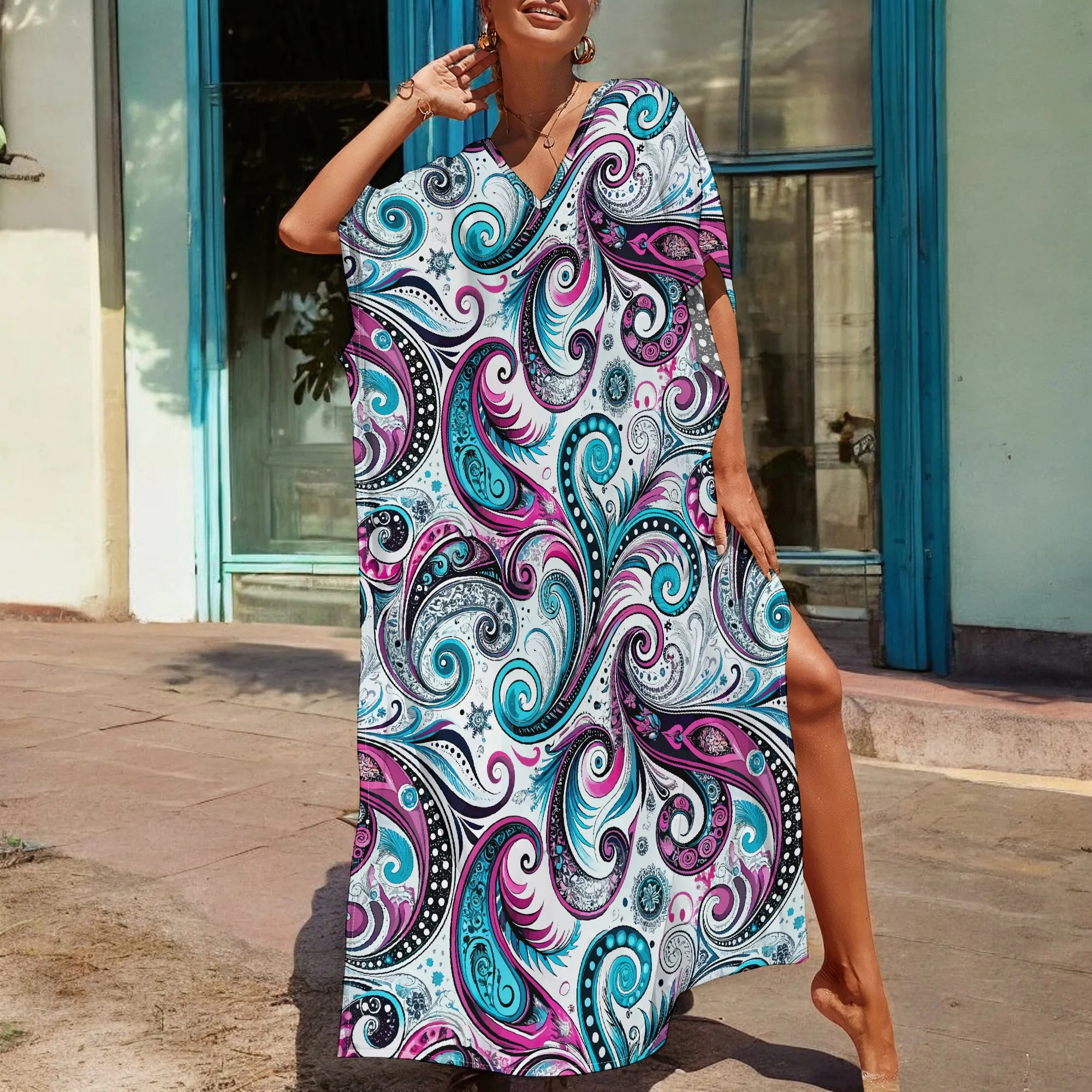 

Boho Psychedelic Kaftan Dress Colorful Swirl Print V-Neck Maxi Robe for Women Summer Festival 2025 New Arrival