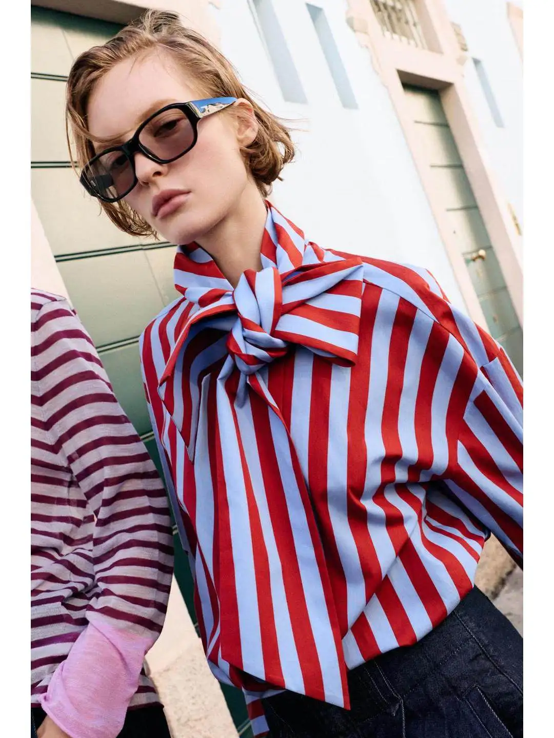 

Spring Collection Casual Asymmetric Hem Knot Striped High Collar Shirt Women's French Style Straight Cut Long Sleeve
