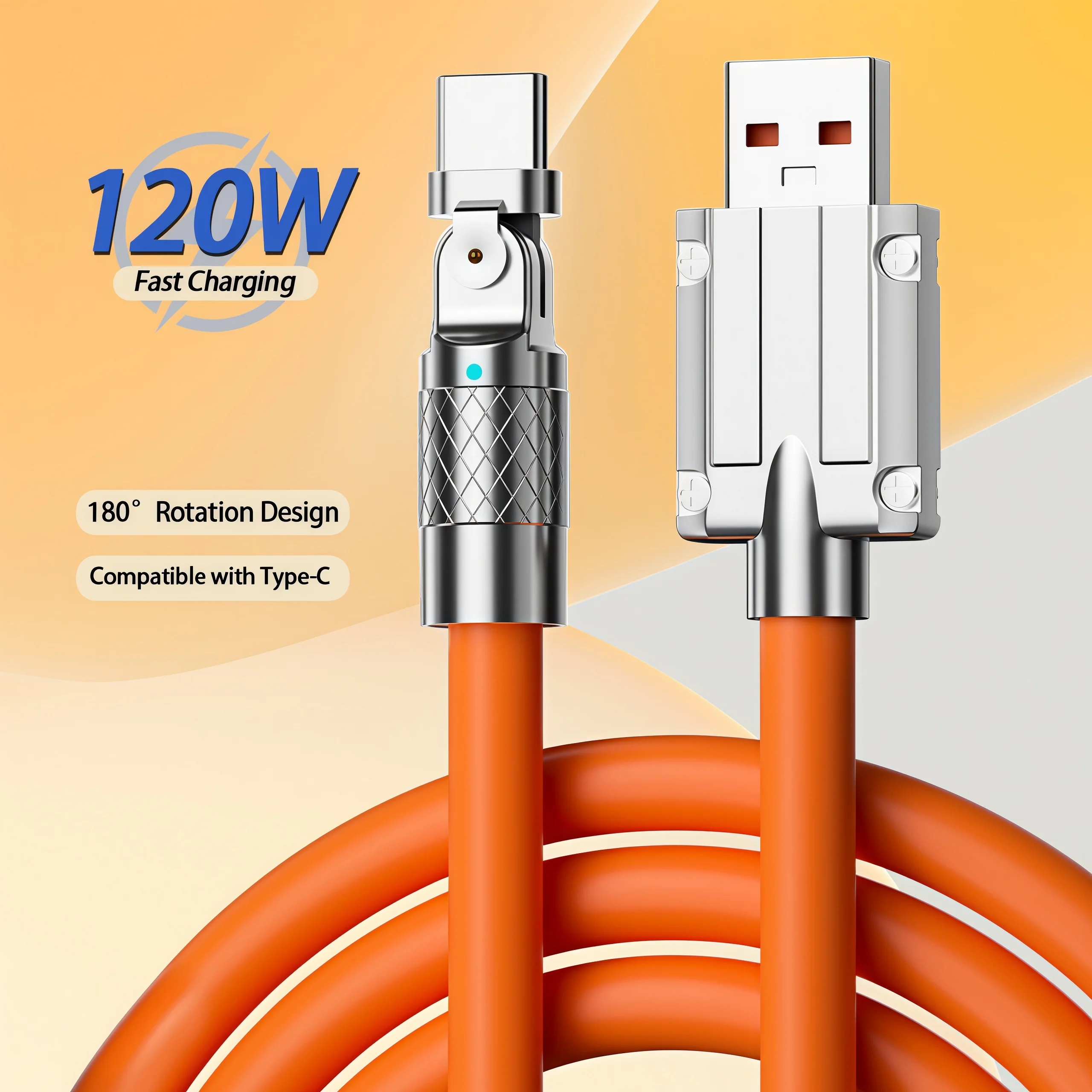 120W Fast Charging Type C Cable 6A Liquid Silicone Cable 180 Degree Rotating Connector Compatible with Xiaomi Huawei Samsung