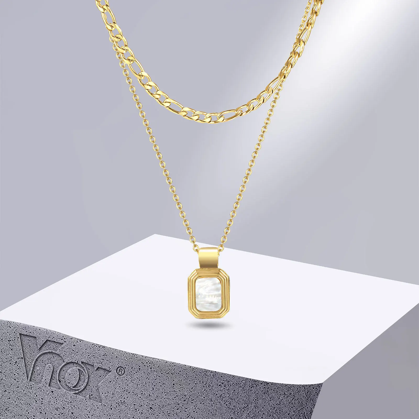 

Vnox Glamour Black Square Stone Necklaces for Women, Gold Color Double Layers Choker Collar with Stainless Steel Figaro Chain