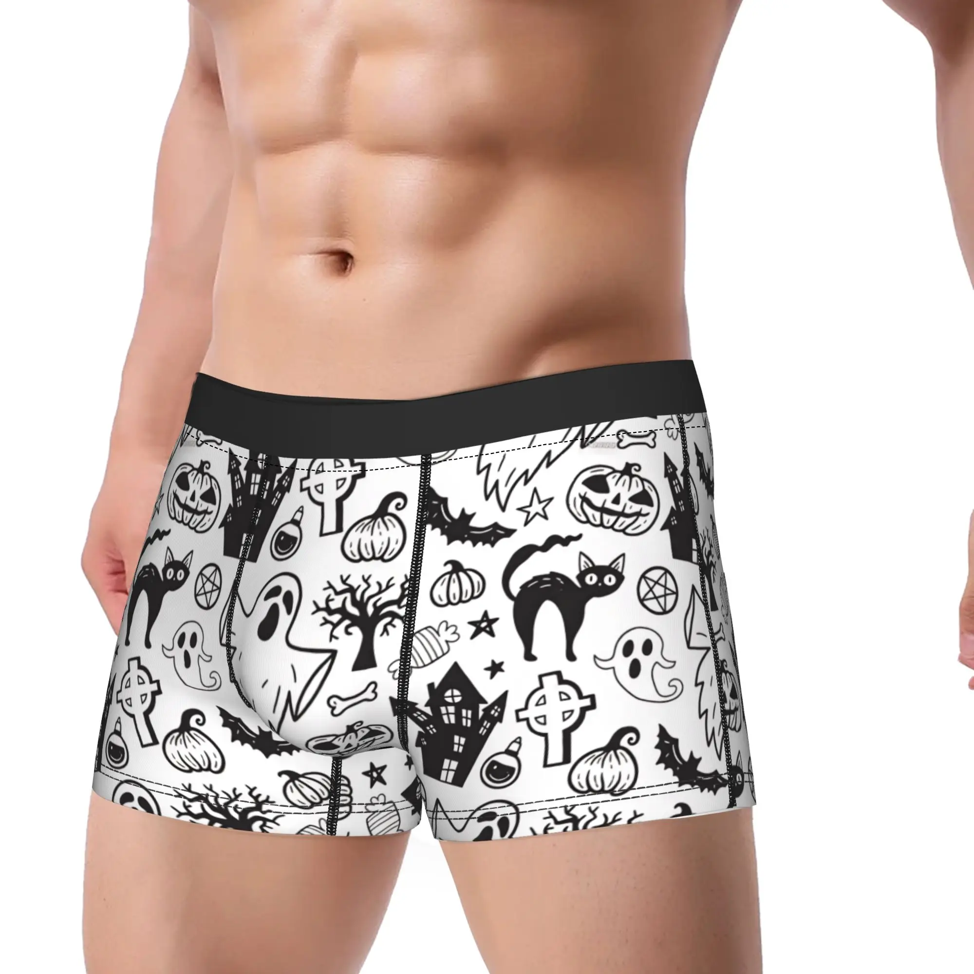 Halloween Line Art Ghost Black Cat Pumpkin Boxer Brief  Underwear Trenky Males Funny Trunk Pattern Large Size Underpants