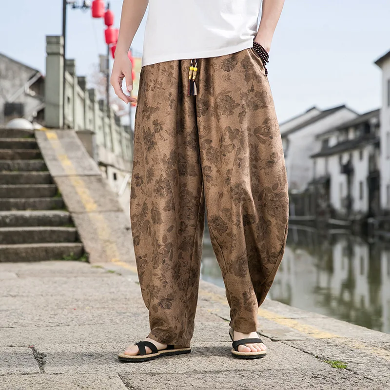 New Spring and Autumn Chinese Style Retro Spring Flower Large Halen Radish Pants for Men