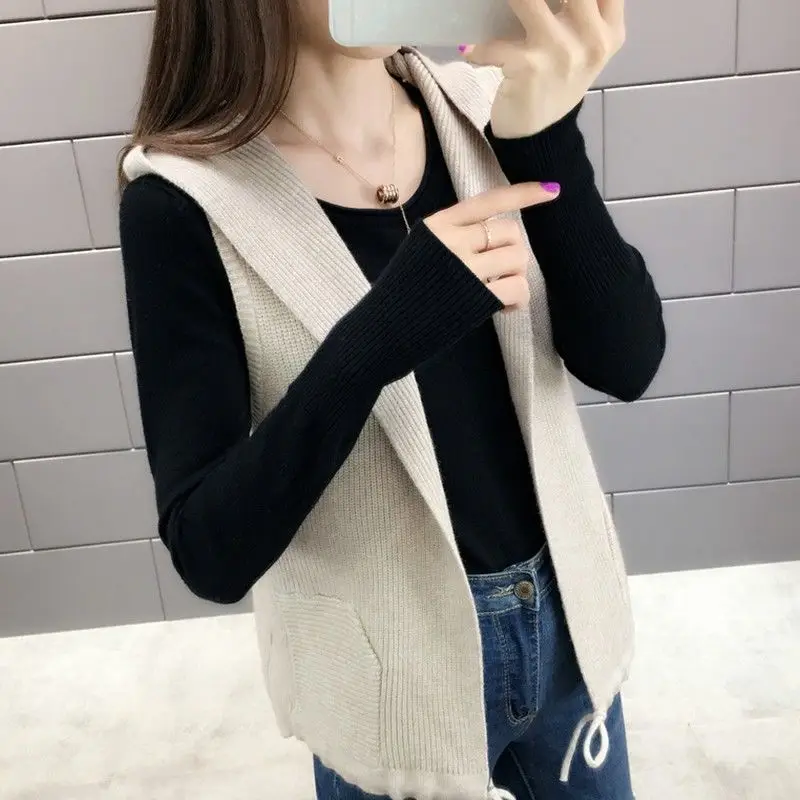 Clothes for Women Autumn Simple Casual Drawstring Hooded Knitted Sweater Vest Solid Loose Sleeveless Pockets Cardigan Waistcoat