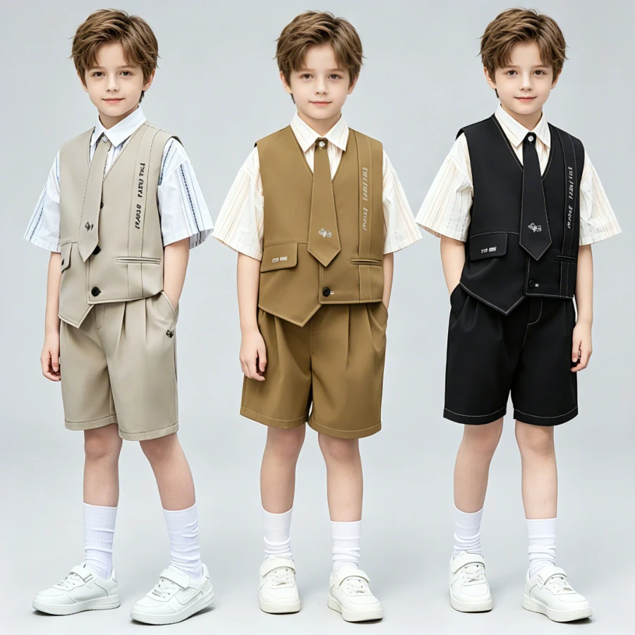 

Boy Formal Suit Set Summer Letter Embroidery Vest Shirt Shorts with Tie for Wedding Birthday Party School Performance Photoshoot