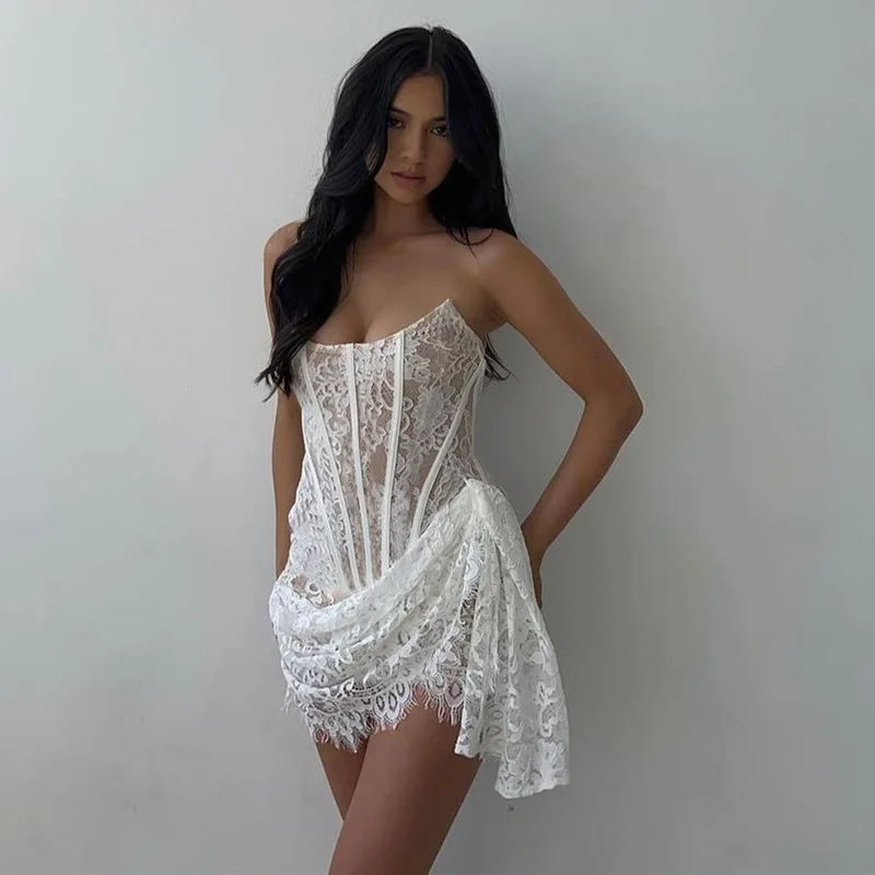 

Sexy Lace Crochet Club Party Dresses Women 2023 Summer Slash Neck Off Shoulder Backless Mini Short Dress Hollow Ruched Robe