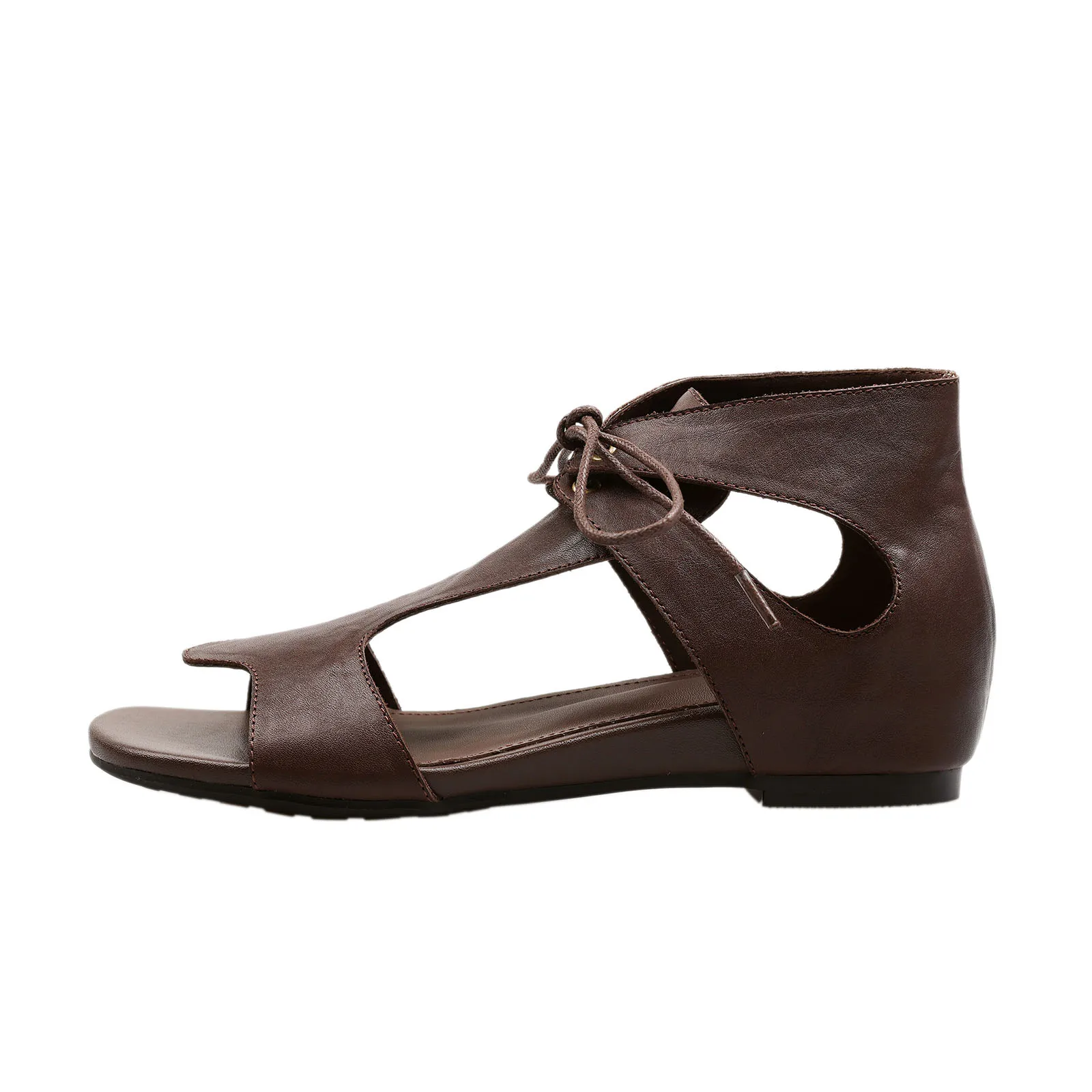 

Arden Furtado 2025 Summer cowhide Internal increase Roman sandals Round toe Hollow Flats T belt Sandals Lace up Commuter shoes