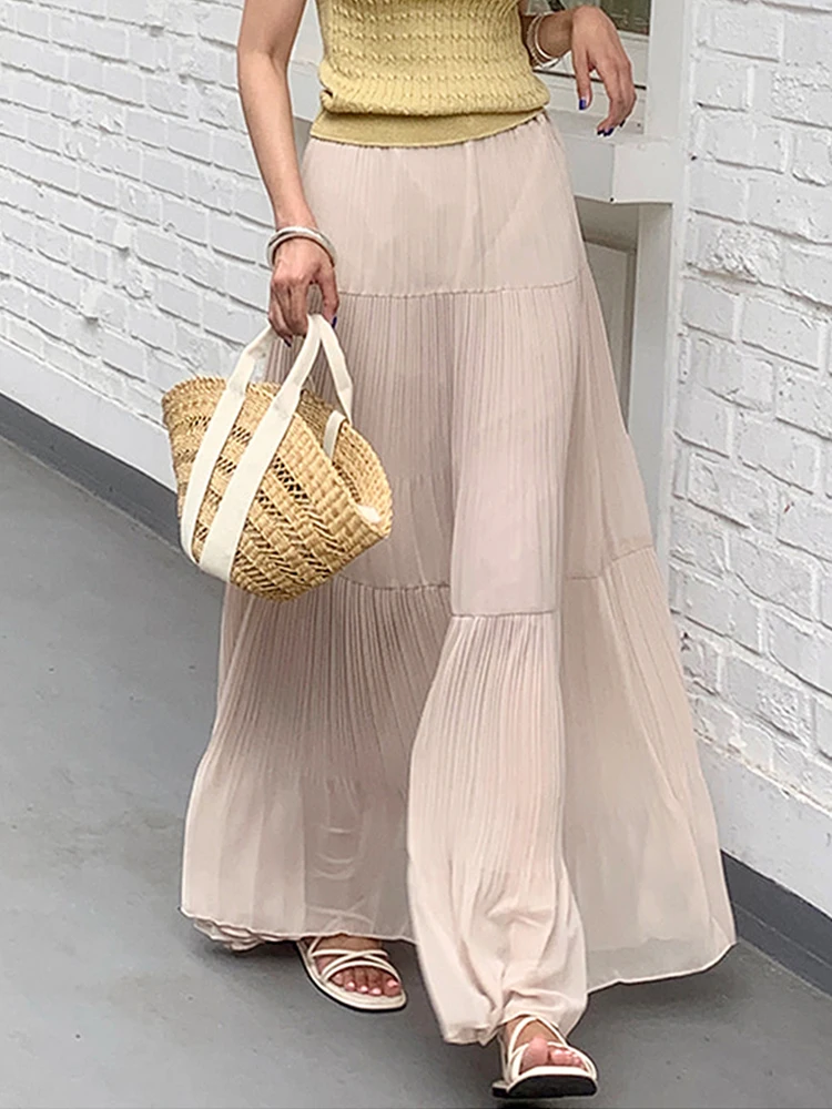 กระโปรงพลีททรงเอ สไตล์เกาหลี สีพื้น เอวสูง ยาว  ลำลอง  วินเทจ  ใหม่ล่าสุด  สำหรับฤดูร้อน