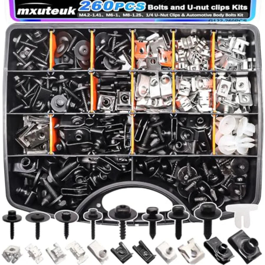 

mxuteuk 260PCS U-Nut Clips and Automotive Body Fender Bolts Kitfor Most Cars Fender Engine Undertray Cover Engine Cover and Bum