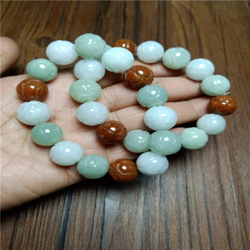 Jewelry: Grade A Jadeite Three-Color Fortune, Prosperity, Longevity Lotus , Buddhist Bead Bracelet, Carved Jade