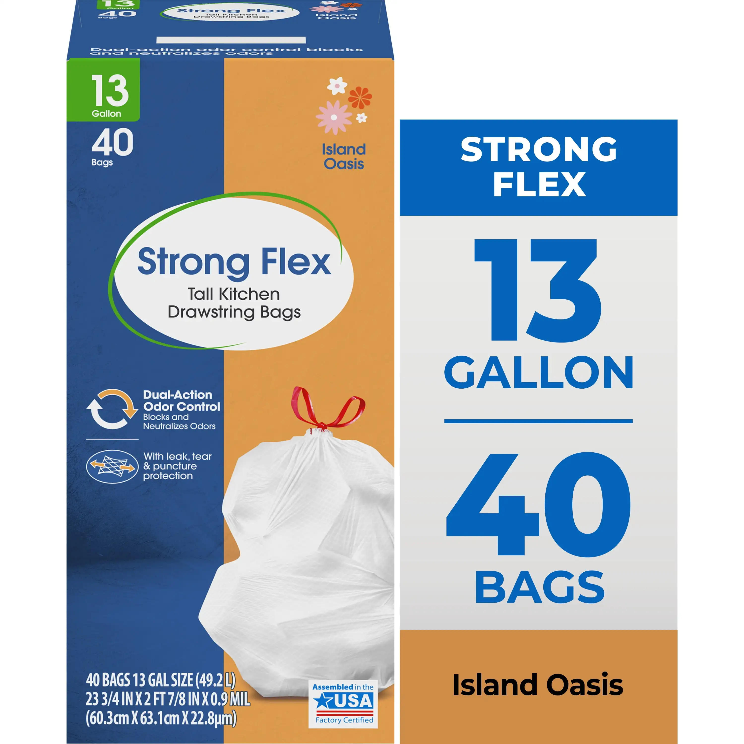 Strong Flex 13-Gallon Drawstring Tall Kitchen Trash Bags, Island Oasis, 40 Count