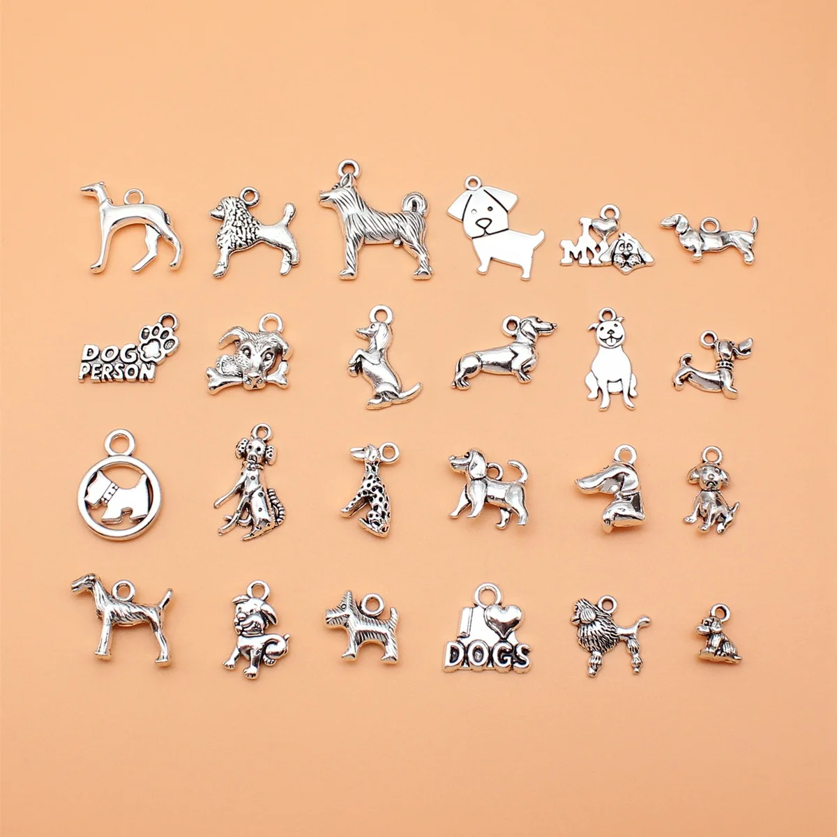 24pcs Antique Silver Color Dog Charms Collection For DIY Jewelry Making, 24 Styles, 1 of Each