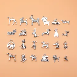 24pcs Antique Silver Color Dog Charms Collection For DIY Jewelry Making, 24 Styles, 1 of Each