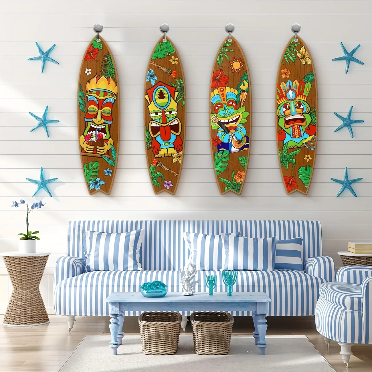 4 Uds. Tabla de surf Tiki, pancarta de fiesta, pancarta colgante de pared Tiki, letreros de tabla de surf, decoración de playa, decoración de pared, decoración temática de verano