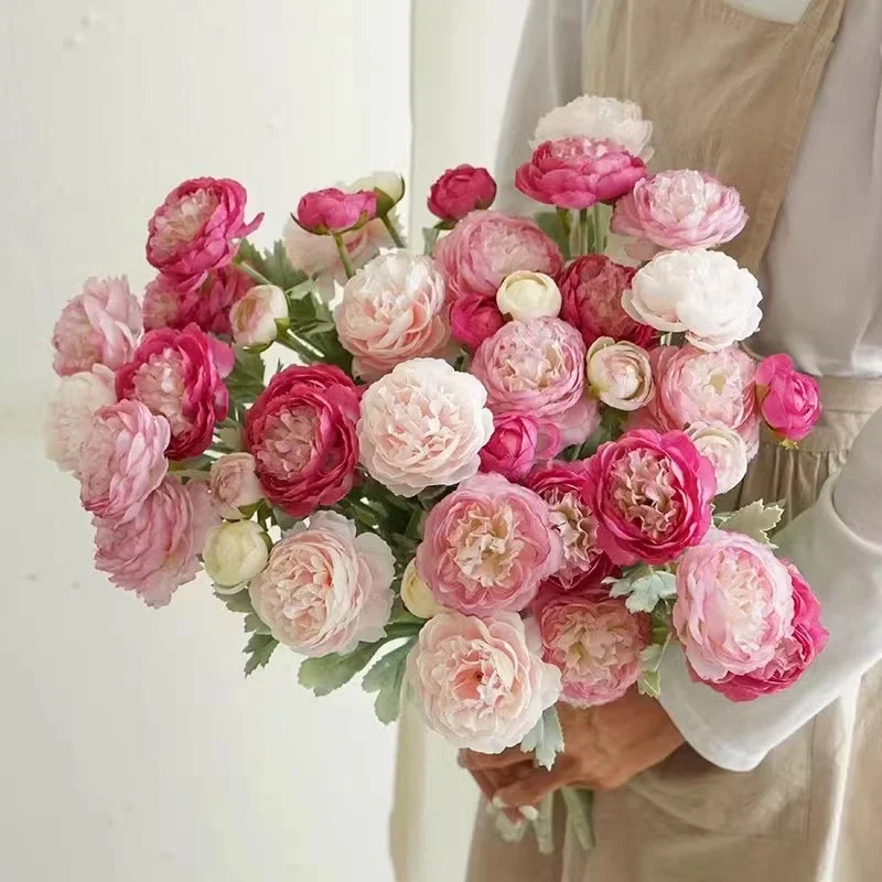 5 uds 3 cabezas de flores artificiales ramo de peonías falsas artificiales flores de peonía Faxus ramos de boda para fiesta decoración del hogar