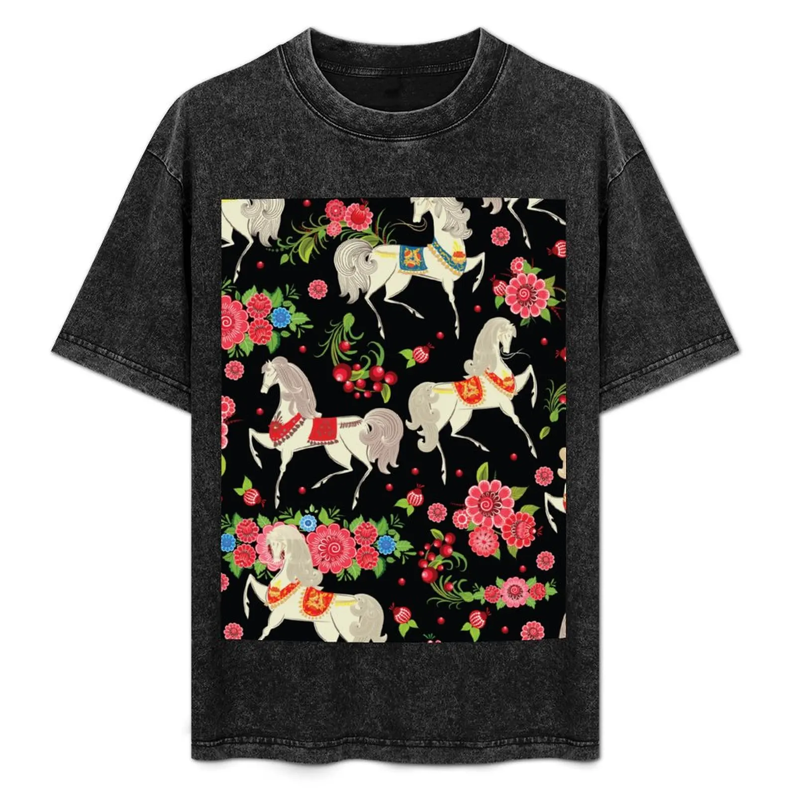 

Dancing Horse with Red Rose Flower in Black Background Pattern T-Shirt