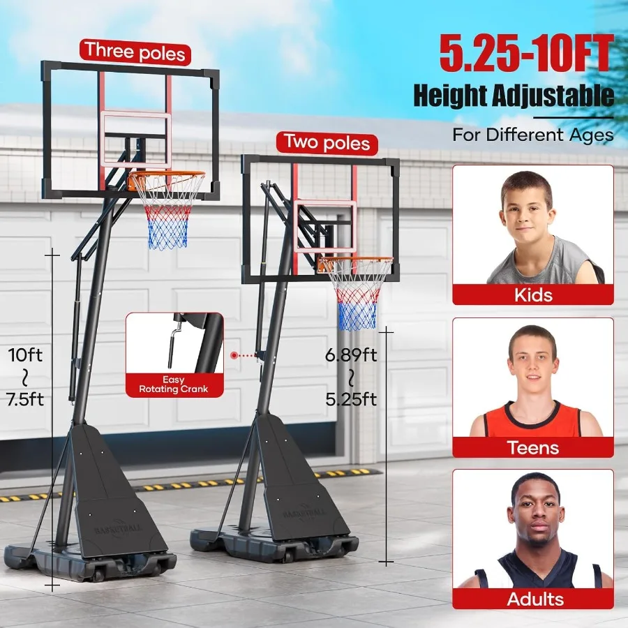 48 Professioneller Outdoor-Basketballkorb mit stufenloser Regulierung, Kurbel-Einstellsystem für vielseitige Gerichtsgebrauch, höhenverstellbar